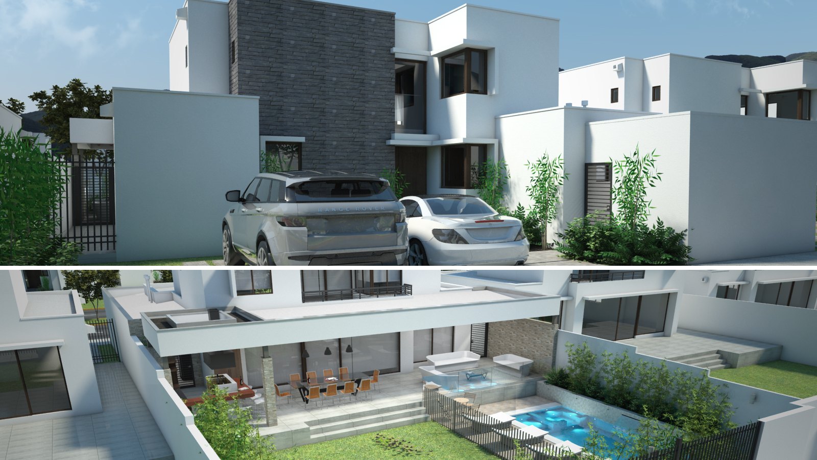 Renders del conjunto residencial de Chicureo: fachada de una vivienda tipo con su acceso vehicular, y patio posterior con terraza, jardín y piscina